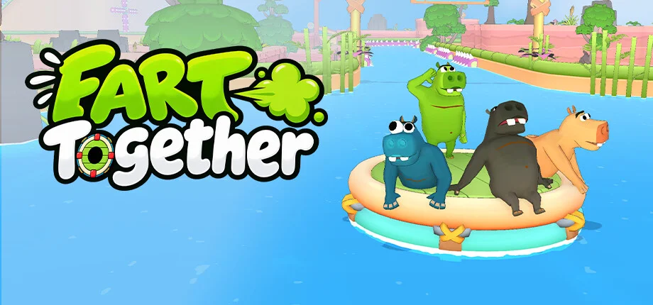 Official Fart Together promotional artwork featuring the bright green and white game logo beside four colorful cartoon hippos standing on a shared inflatable raft in a blue river.